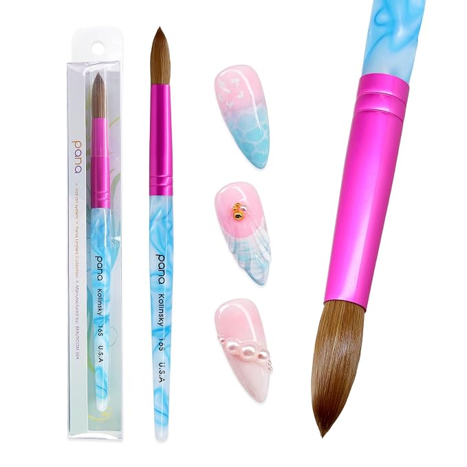 PANA USA Acrylic Nail Brush Pure Kolinsky Hair Acrylic White Swirl Blue Handle with Pink Ferrule Round Shaped - Size 16