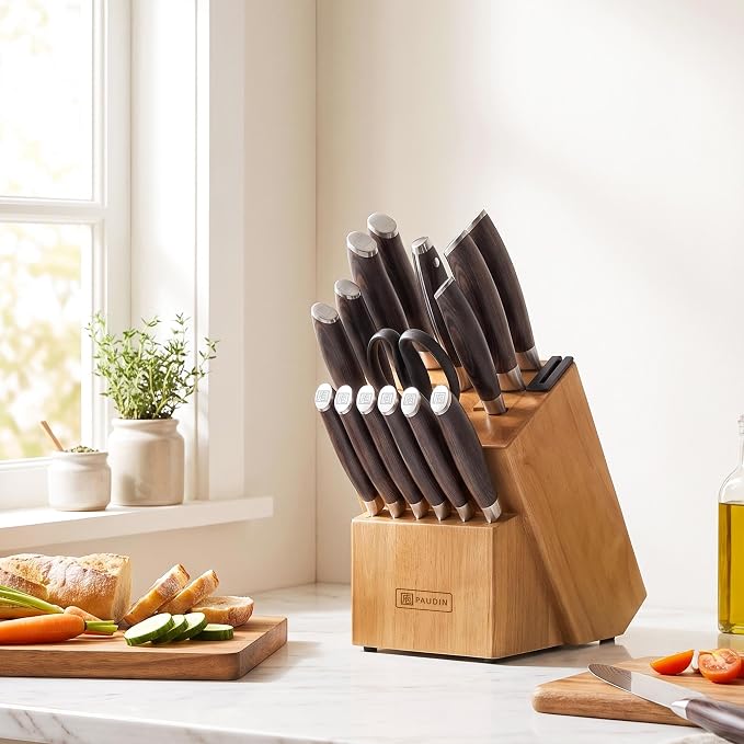 PAUDIN 17 PCS Kitchen Knife Set, Razor Sharp Knife Block Sets, Ideal Gifts | Elegant Kitchen Knife Set with Block, Knife Set with Built-in Sharpener, Dishwasher Safe