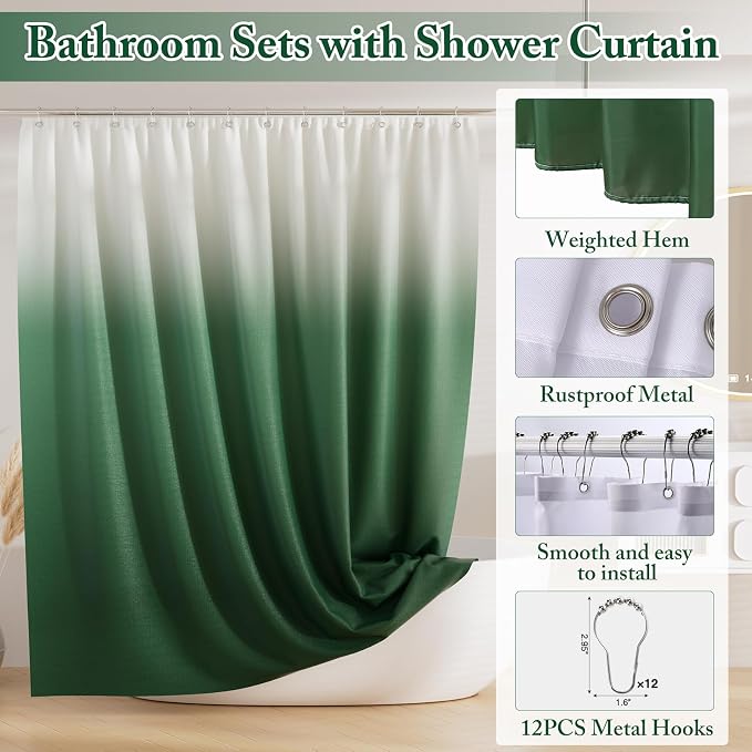 XLHOMO Bathroom Accessory Set - 24PCS Luxury Bathroom Accessories Set, Bathroom Sets with Shower Curtain and Rugs, Green Bathroom Set with Trash Can, Toothbrush Holder & Soap Dispenser for Home Decor