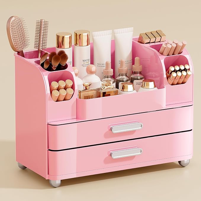 UFORU Makeup Organizer for Vanity with 2 Large Drawers, Cosmetic Display Case with Brush Holders, Easy to Storage for Bathroom Countertop Skincare, Desk Office Supplies, All Pink