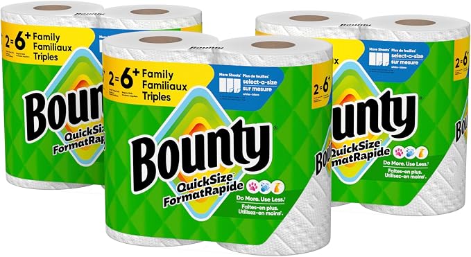 Bounty Paper Towels Quick Size, White, 6 Family Triple Rolls = 20+ Regular Rolls