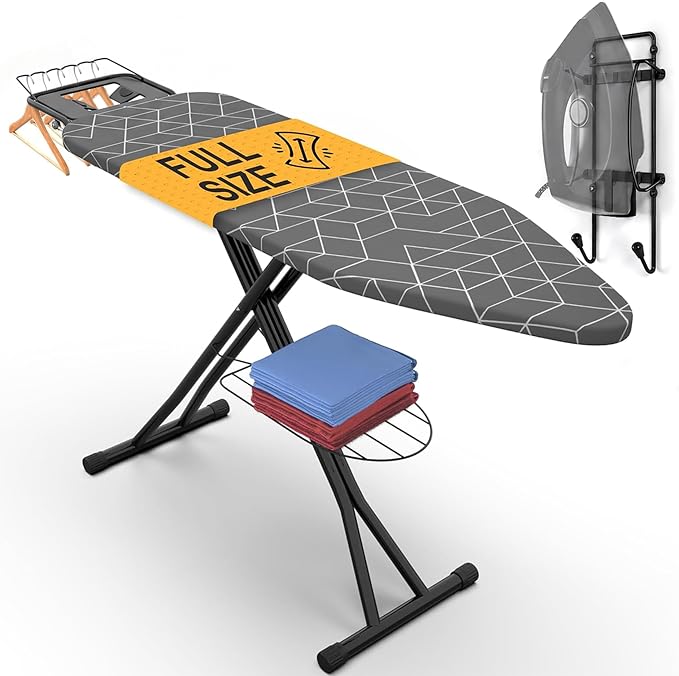 Ironing Board 43" x 13" Foldable with Wall Hanger, Full Size | Heavy Duty, Height adjustable, full-metal frame, heat-resistant cover, iron rest, anti-slip feet