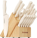 Astercook Knife Set, 15 Pieces Kitchen Knife Set with Sharpener Block, German Stainless Steel Knives with Anti-Rust Coating, Dishwasher Safe, Elegant Cream White Design, Perfect for Holiday Gifts