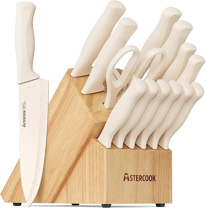 Astercook Knife Set, 15 Pieces Kitchen Knife Set with Sharpener Block, German Stainless Steel Knives with Anti-Rust Coating, Dishwasher Safe, Elegant Cream White Design, Perfect for Holiday Gifts