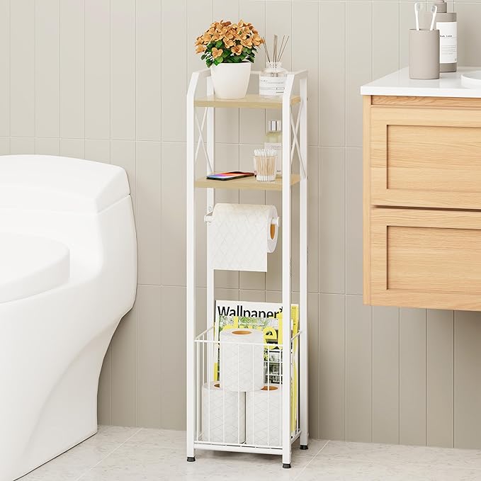 HapiRm Freestanding Toilet Paper Holder - 4-Tier Bathroom Tissue Organizer with Wood Shelves and Large Basket, Toilet Paper Holder Stand for Bathroom, Laundry Room, Apartment - White（Small）