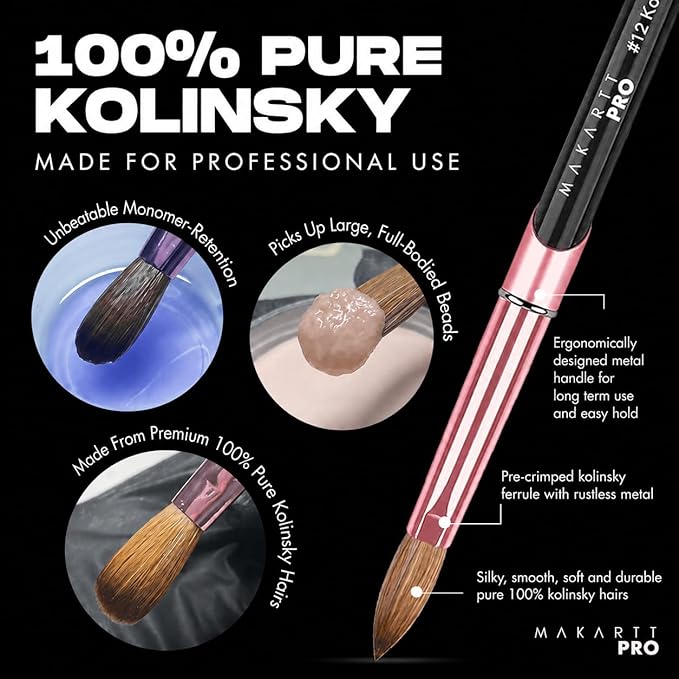 MakarttPro Kolinsky Acrylic Nail Brush Size 10 – 100% Pure Kolinsky Hair Nail Brush for Acrylic Application, Professional Nail Brush for Smooth Bead Control, Anti-Clogging, Acetone Resistant Handle