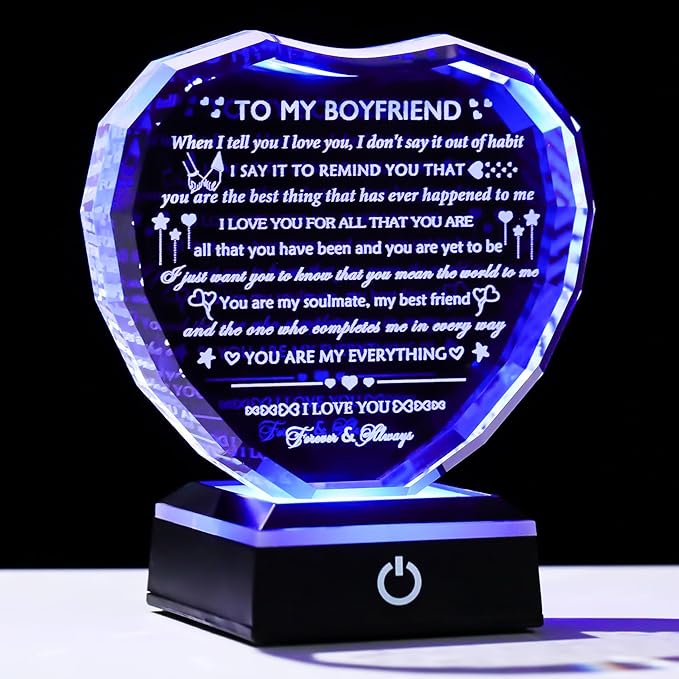 Arikyrist Romantic Gifts for Boyfriend with LED Base Boyfriend Anniversary Birthday Gifts Ideas from Girlfriend Crystal Heart to My Boyfriend I Love You Gift for Him on Valentine's Day Christmas