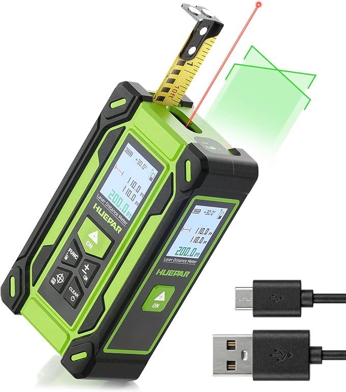 Digital Laser Tape Measure 4-in-1, HUEPAR ±1/16" Laser Measure with Dual HD Display, 200Ft Rechargeable Laser Measurement&33Ft Green Cross Line Laser&10Ft Tape, for Area/Volume/Pythagorean/Leveling