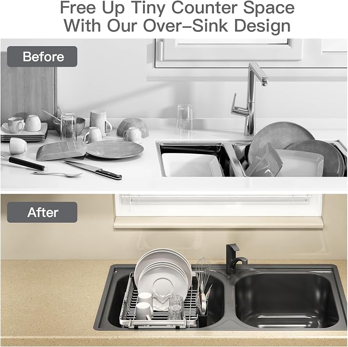 Dish Drying Rack Over The Sink with Utensil Holder, Mat | Expandable Stainless Steel Dish Drainer for Small Kitchen, Apartment, RV, Counter Space Saving, Perfect Fit, Rustproof