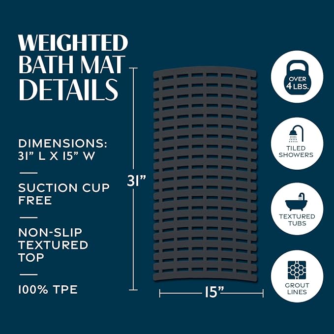 SlipX Solutions Weighted Non Slip Bath Mat for Textured Tub & Shower Surfaces, Patent Pending, Anti Slip Bathtub Safety Without Suction Cups, Doesn’t Float, Works on Tile & Stone 31” x 15”, Black
