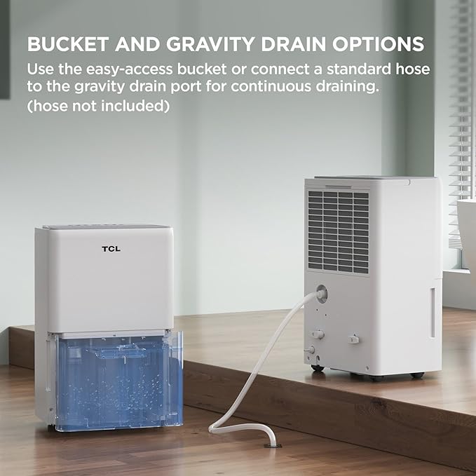 TCL 50-Pint Capacity Quiet, Energy Efficient Portable Dehumidifier, Precise Humidity Control, Bucket or Continuous Drain, Compact Humidity Absorber for Home, Attic, Garage & Rooms up to 4500 Sq Ft