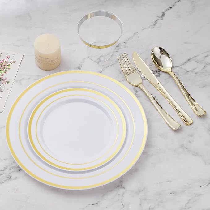 BESTVIP 450PCS Gold Dinnerware Set for 75 Guests, Plastic Plates for Party, 75 Gold Disposable Plates, 75 Dessert Plates, 75 Cups, 75 Spoons, 75 Forks and 75 Knives