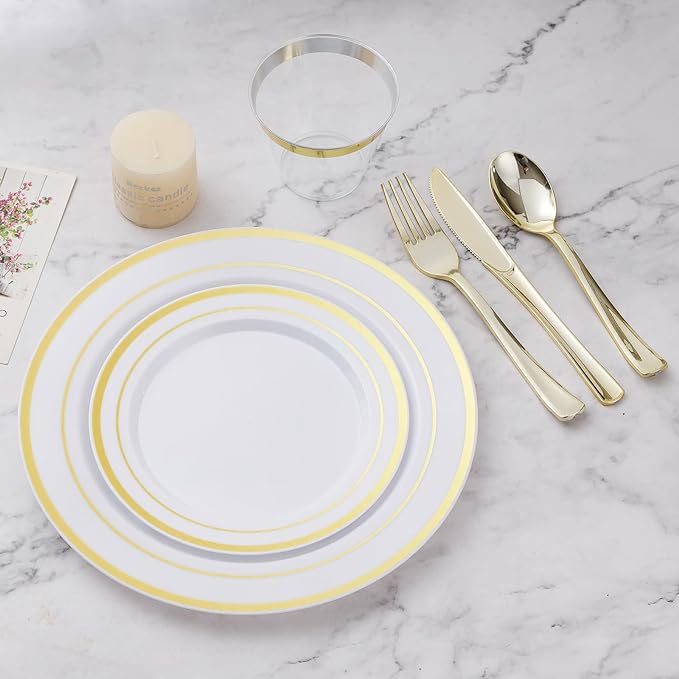 BESTVIP 300PCS Plastic Dinnerware Set (50 Guests), Gold Disposable Plates for Party, Wedding, Christmas, Anniversary, Includes: Dinner Plates, Dessert Plates, Cups, Spoons, Forks and Knives