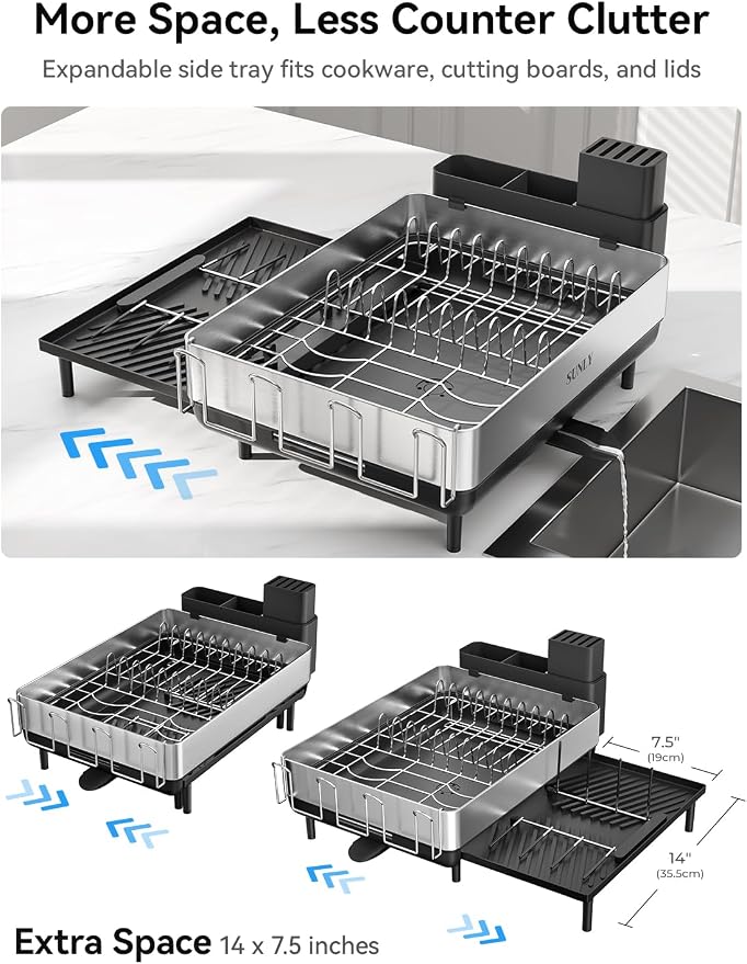 Large Dish Drying Rack, Expandable Dish Rack for Kitchen Counter, 304 Stainless Steel Space Saving Dish Drainer with Multifunctional Flip Up Pegs