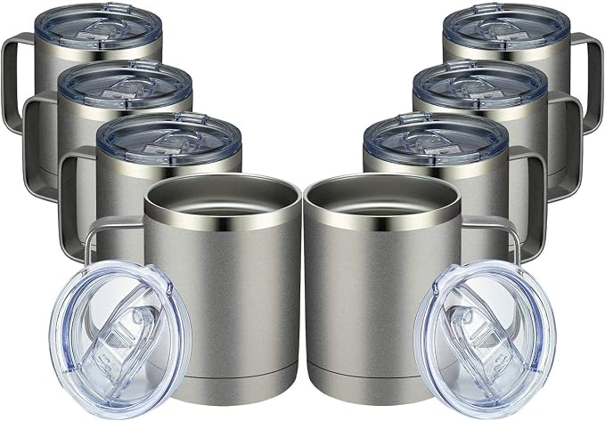MEWAY 12oz Coffee Mug With Handle 8 Pack Bulk,Stainless Steel Insulated Travel Tumblers With Sliding Lid,Double Wall Vacuum Camping Cup for Hot & Cold Drinks Tea (Cold Grey,Set of 8)