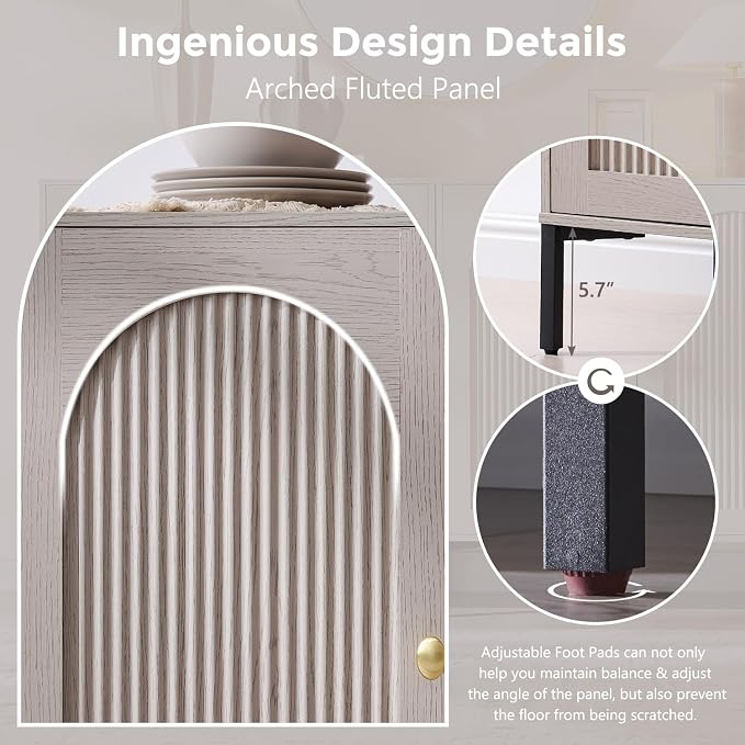 IFGET 123.5"W Modern Arch Sideboard Buffet Cabinet with Storage, Light Grey | Fluted Arched Sideboard Cabinet w/Adjustable Shelves, Wood Modular Kitchen Cabinet for Dining& Living Room, Kitchen, Entryway