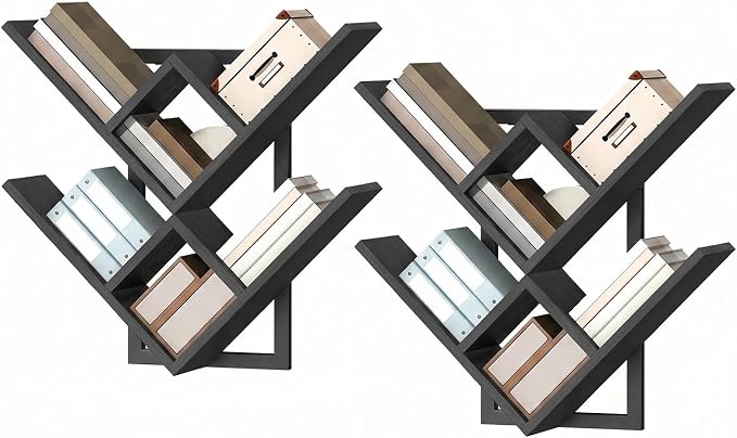 HOOBRO Floating Shelves for Wall, Set of 2 Wall Mounted Shelves, 2-Tier Wooden Tree Bookshelf, Hanging Shelves Storage Rack, for Living Room, Kitchen, Office, Black BB54BJP201
