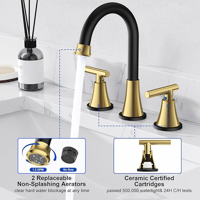 Bathroom Faucets for Sink 3 Hole, Hurran Black& Gold Bathroom Sink Faucet with Pop-up Drain and Supply Lines, Stainless Steel Lead-Free Widespread Faucet for Vanity RV, 2 Pack