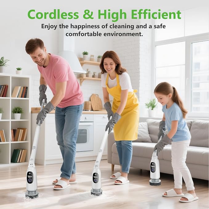 Electric Spin Scrubber, Cordless Cleaning Brush, 3H Work Time, Bathroom Scrubber with LED Display, 3-Speed Extendable Handle, IPX7 Waterproof, 8 Brush Heads for Shower, Tile, Tub, Floor, Toilet, Grout