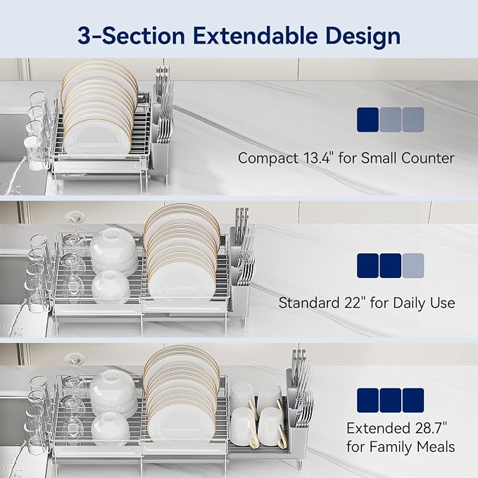 Stainless Steel Dish Drying Rack - Expandable Dish Racks for Kitchen Counter Organizer with Drain Board, Detachable Utensil & Cup Holder, Dish Drainer for Small Kitchen Counter, Grey
