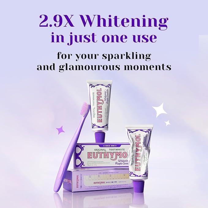 EUTHYMOL Purple Whitening Toothpaste, Instant Brightening | 3.7 fl oz | Whitening Toothpaste for Yellow & Sensitive Teeth, Violet ToneUp, 24H Stain Defense, Long-Lasting Fresh Breath, Aluminum tube