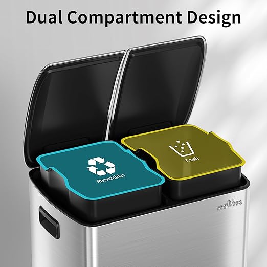 mVm Dual Compartment Trash Can, 10.6 Gal (2x5.3 Gal) Dual Compartment Kitchen Trash Can with Double Layer Lids, Wide Type Modern Kitchen Decor Office Garbage Can(Silver)