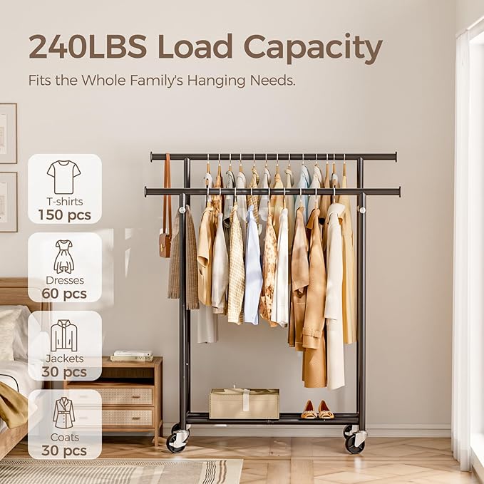 HYSEYY Clothes Rack, Double Rods Rolling Clothing Rack for Hanging Clothes, Portable Garment Rack with Wheels, Coat Rack Wardrobe Closet Load 240 LBS for Bedroom Laundry Room (Black, L)
