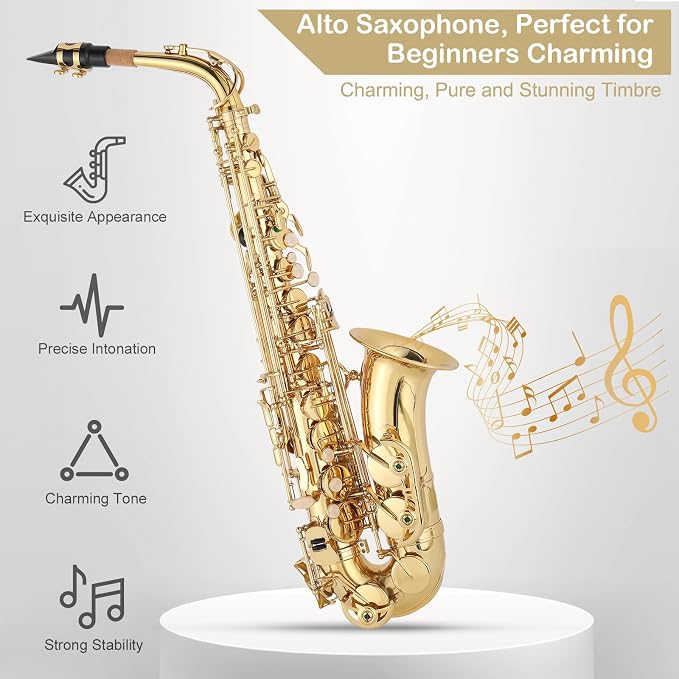 E Flat Alto Saxophone, Brass Sax with Carry Case, Golden | Saxophones Include Mouthpiece, Cleaning Brush, Cloth, Strap Accessories, For Beginner Student and Professional