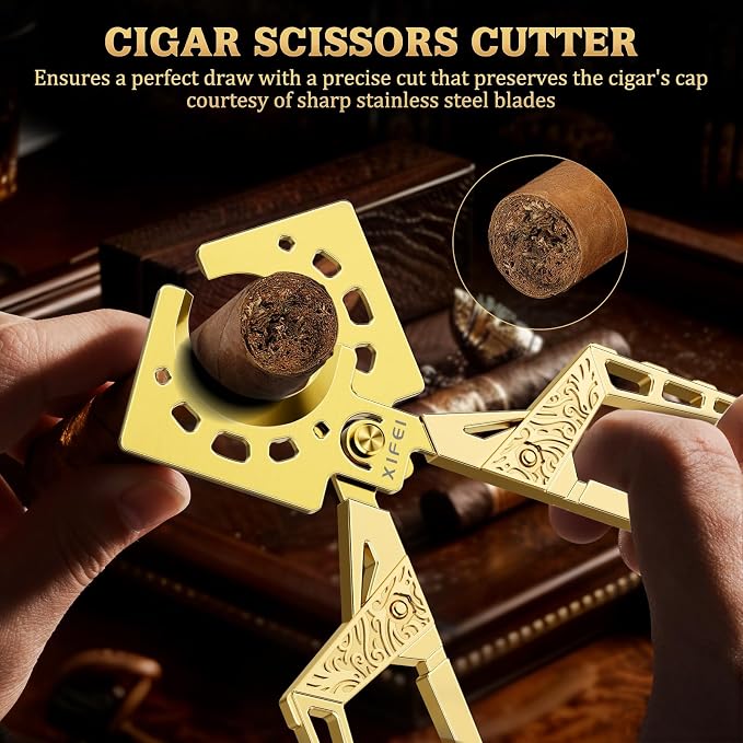 XIFEI Cigar Cutter, Stainless Steel Double Blade Guillotine Straight Cut Scissors, Ergonomic Hand-Held Design for All Cigars, Ideal Gift for Cigar Enthusiasts (Gold)