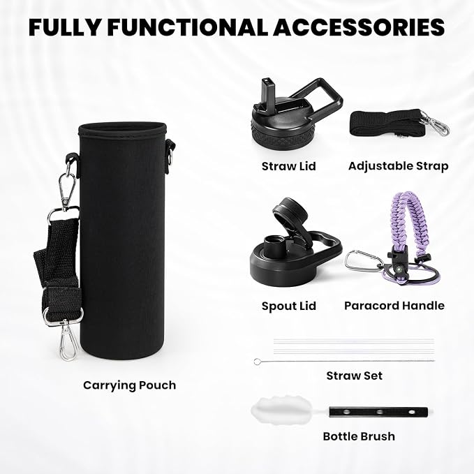 RAYMYLO Insulated Water Bottle 24 oz, Triple Wall Vacuum Stainless Steel (Cold for 24Hrs, Hot for 12Hrs), Leak Proof & Non-BPA, Modern Water Flask Jug with Paracord Handle & Straw Spout Lids