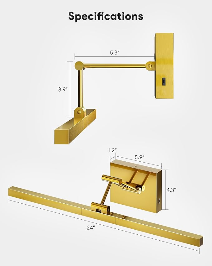 VONLUCE 24" LED Bathroom Vanity Light, 3CCT Modern LED Vanity Lights with 360° Rotatable Head & Swing Arm, 10.3W Bathroom Light Fixture Over Mirror, LED Lights for Bathroom Bedroom, Brushed Gold