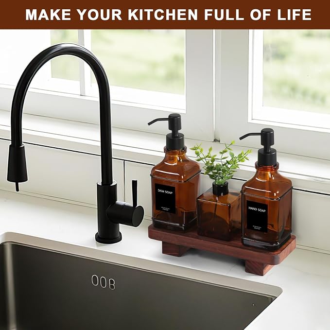 Modern Kitchen Soap Dispenser Set with Wood Tray, Amber Glass Soap Dispensers with Pump, Decorative Hand and Dish Soap Dispenser Set, Soap and Lotion Dispenser Upgrade for Kitchen and Bathroom Decor