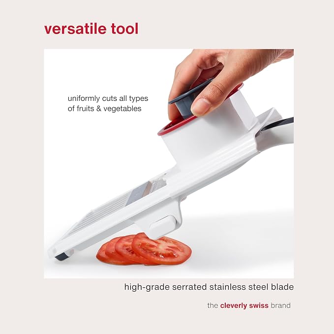 Zyliss Easy Control Handheld Slicer - Vegetable Slicer & Chopper - Fruit Cutter - Handheld Slicer with Two Stainless Steel Blades - Dishwasher Safe - White/Red, 13 inches