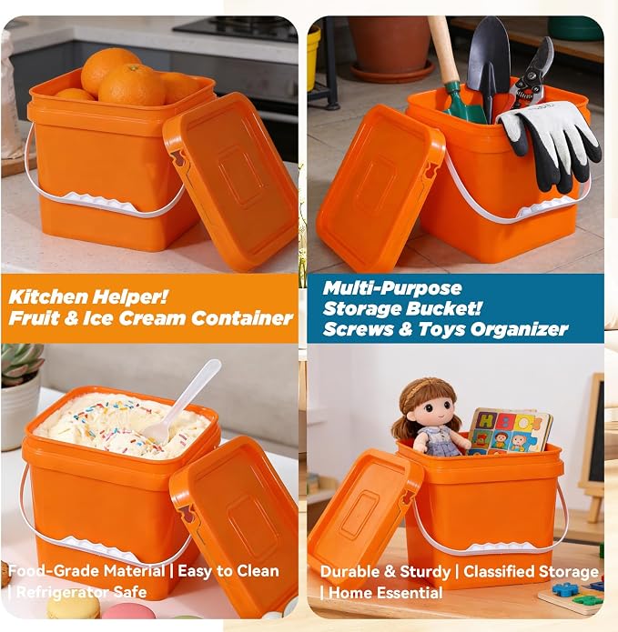 Food Storage Buckets with Lids - 4 Set Square Clear Plastic Containers, Airtight Pressure Seal & Handle for Kitchen Freezer Prep (Orange, 1 gal)
