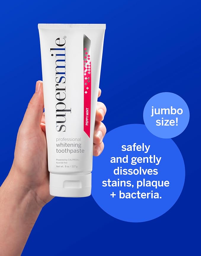 Supersmile Peppy Mint Whitening Toothpaste, Fluoride-Free, 8 Oz | Calprox® Powered, Whitens 5.5 Shades in 7 Days, Candy Cane Flavor Without the Sugar, Veneer Safe, SLS-Free
