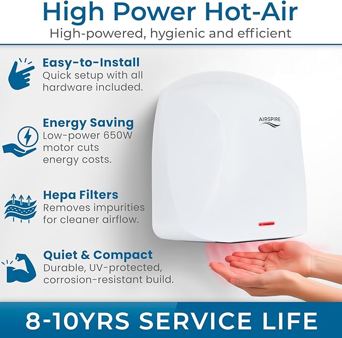 Electric Hand Dryer for Commercial Bathrooms & Home Use (110-120V) - Energy Efficient 1100W Automatic Hand Dryer - HEPA Air Filtration & UV Protection - Wall Mounted, 78 dB - Warm Air (White)