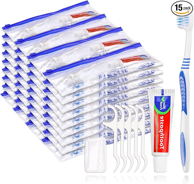 Disposable Travel Toothbrush and Toothpaste Set,Travel Kit with Plastic Zip Bag,Toothbrush Head Cover, Floss Pick,25gram Toothpaste,Bulk Toothbrush for Homeless,Travel,Hotel(15)