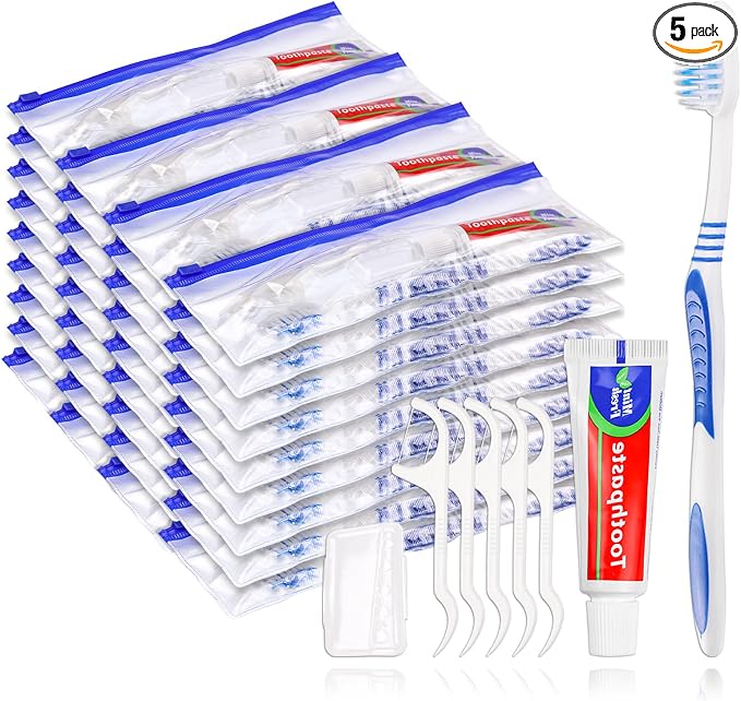 Disposable Toothbrushes with Toothpaste Individually Wrapped,Travel Kit with Plastic Zip Bag,Toothbrush Head Cover, Floss Pick,25gram Toothpaste,Bulk Toothbrush for Homeless,Travel,Hotel(5)