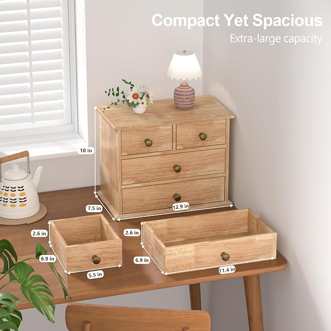 Oak Desk Organizer with Drawers, Wooden Desktop Storage Box with Metal Handles & Non-Slip Silicone Pads, 4 Drawer Tabletop Organizer for Office, Bedroom, Bathroom, Vanity, Makeup – Light Burnt Brown