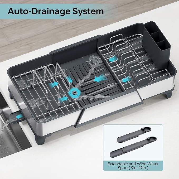 Urackify Expandable Dish Drying Rack for Kitchen Counter, 16.5"-24.2", Gray | Triple Extendable Rust-Resistant Stainless Steel Sink Dish Drainers with Utensil & Pans Holder for RV, Appartment