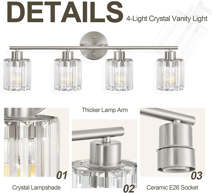 Crystal Bathroom Light Fixtures, Bathroom Lighting Fixtures Over Mirror, Modern 4-Light Brushed Nickel Vanity Lights for Mirror, Restroom, Kitchen(Ceramic E26 Socket,Bulbs Not Include)