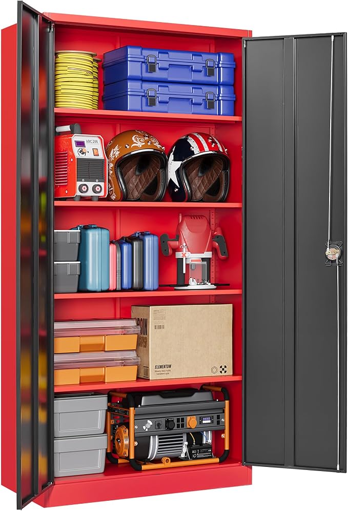 Metal Storage Cabinets with Lock, 71" Tall Locker Organizer Steel Cabinets, Adjustable Shelves 2 Doors for Home, Office, Warehouse,Garage,Industrial,Employee Lockers (Style B, Black Red)