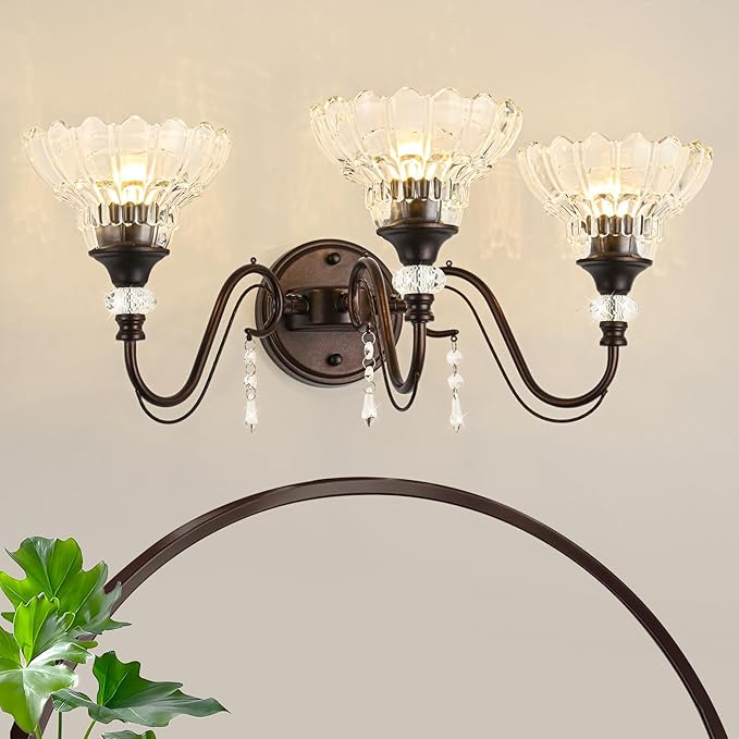 Vintage Bathroom Vanity Light, 3-Light Oil Rubbed Bronze Finish Wall Sconce with Hanging Crystal Accents and Flower-Shaped Clear Glass Shades, Retro Wall Mount Vanity Light Over Mirror for Bathroom