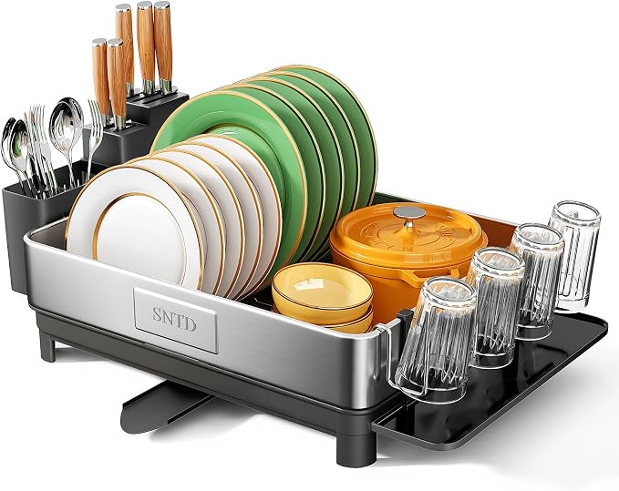SNTD 304 Stainless Steel Dish Drying Rack for Small Kitchen Counter, Black | Rustproof, Large Capacity, Heavy-Duty Frame, Rotating Spout, Angled Drainboard, Removable Cup & Utensil Holder