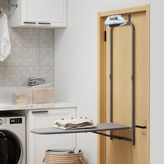 GOFLAME Over Door Ironing Board, Hanging Ironing Board with Iron Holder & Heavy-Duty Metal Frame, Space-Saving Folding Iron Board for Laundry Bathroom, Small Spaces, 42” x 16.5” x 50” (L x W x H)