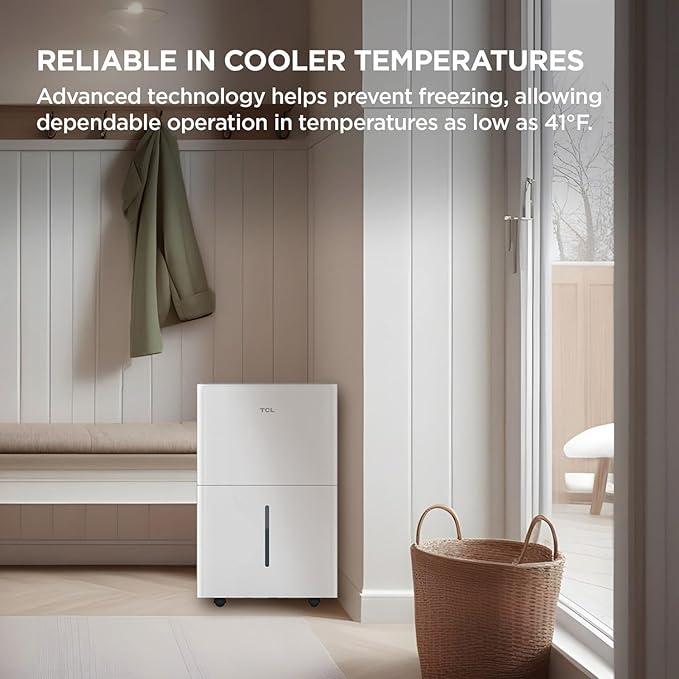 TCL 50-Pint Capacity Quiet, Energy Efficient Portable Dehumidifier, Precise Humidity Control, Bucket or Continuous Drain, Compact Humidity Absorber for Home, Attic, Garage & Rooms up to 4500 Sq Ft