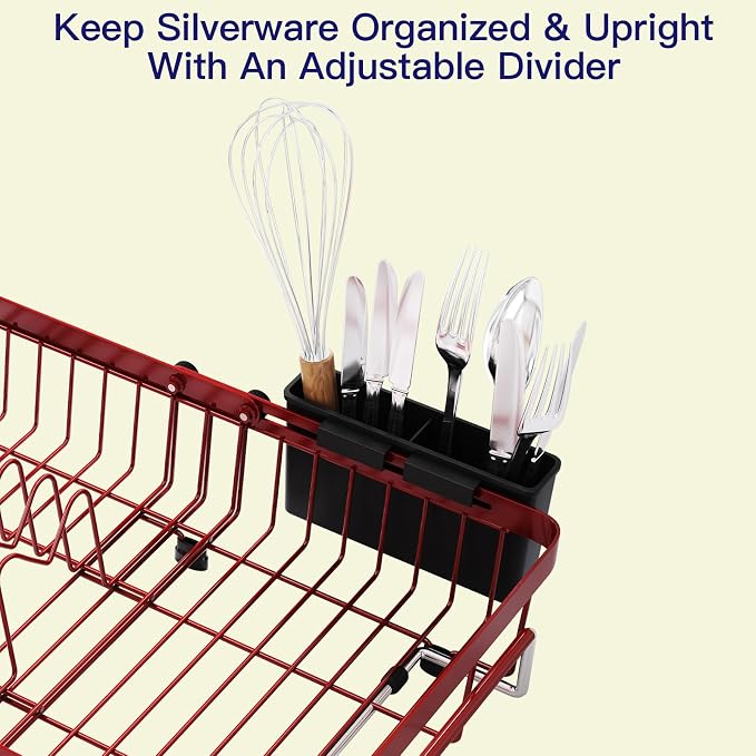 Red Dish Drying Rack Over The Sink with Utensil Holder, Mat | Expandable Stainless Steel Dish Drainer for Small Kitchen, Apartment, RV, Counter Space Saving, Perfect Fit, Rustproof