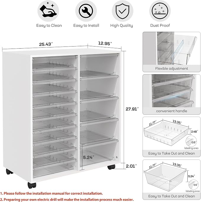 WOPITUES Mobile Storage Cabinet with 15 Clear Drawers, Craft Cabinet with 5 Large Drawers, Cart with Wooden Tabletop, Printer Stand Home Office, Dresser Chest, Modern White