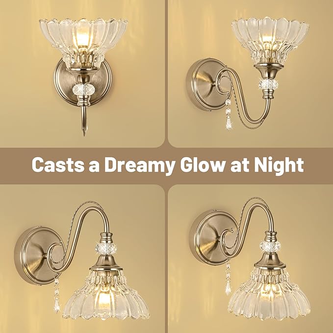 1 Piece Brushed Nickel Finish Wall Sconce, 1-Light Modern Wall Sconce with Hanging Crystal Accents and Flower-Shaped Clear Shades for Bathroom Bedroom Living Room,Modern Vanity Light