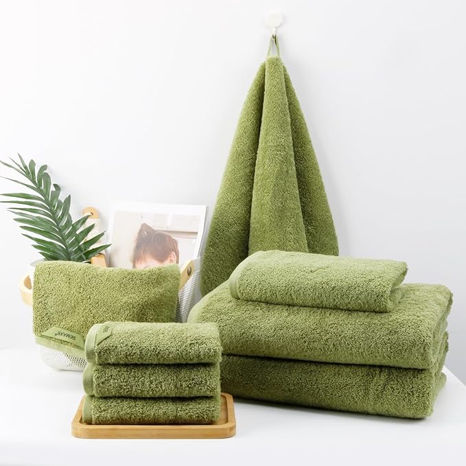SEMAXE Bath Towel Set, 12 Piece Cotton Towel Set for Bathroom, More Towels for Family Use, Quick Dry with Hanging Loops, Easy Care, Green